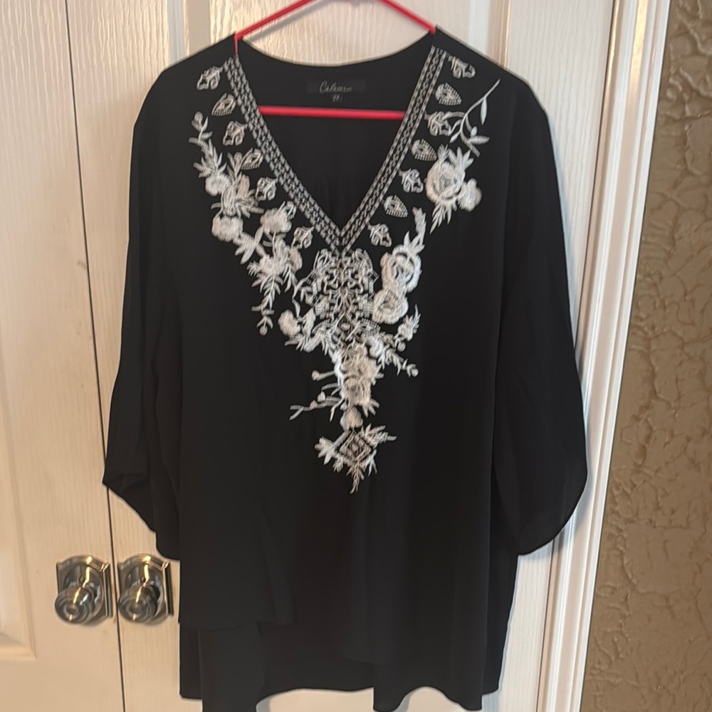 Chico's Black and White Embroidered Blouse